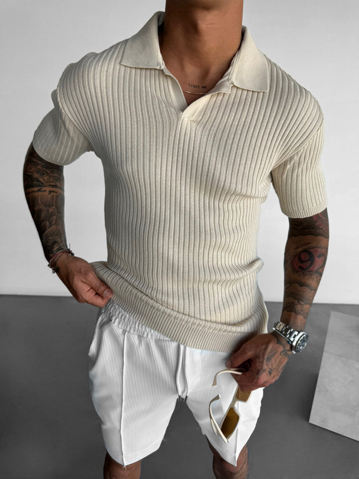 Slim Fit Knit Polo T-Shirt - Beige