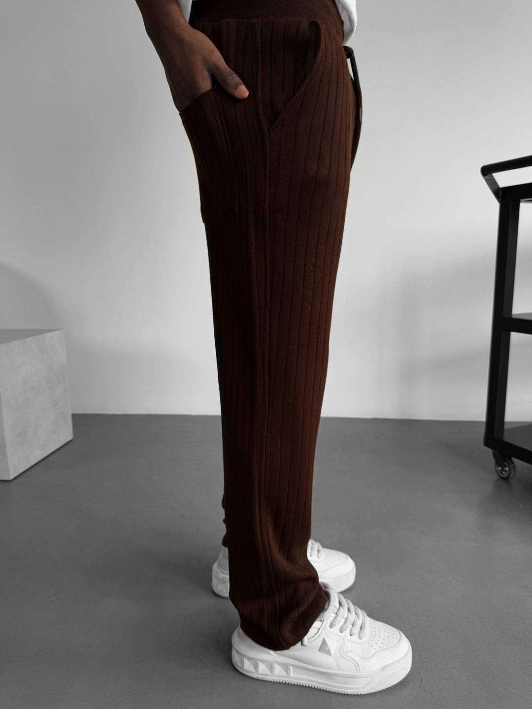 Loose Fit Wide Ribbed Knit Pants - Dark Brown