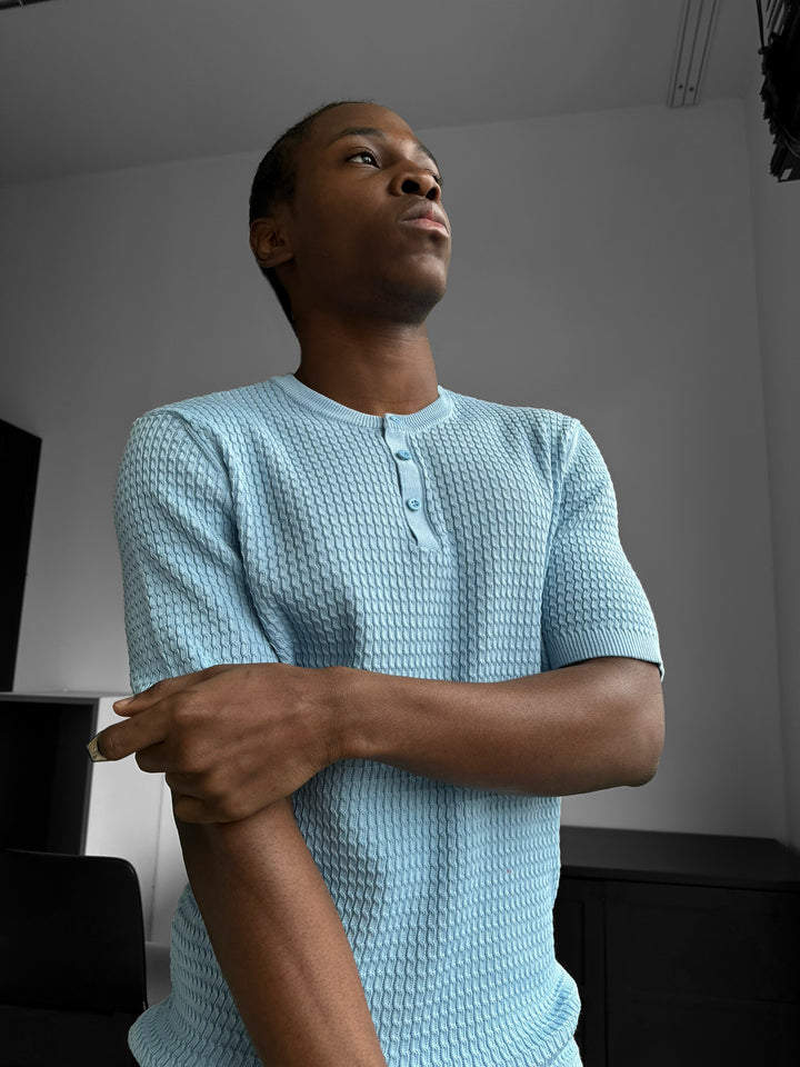 Regular Fit Waffle Button T-shirt - Babyblue