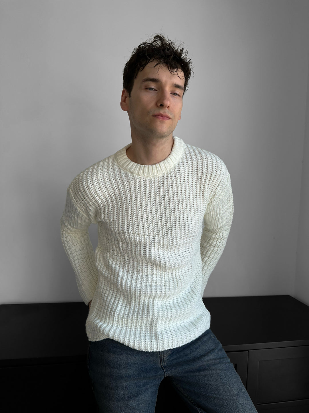Slim Fit Braid Knit Sweater - White