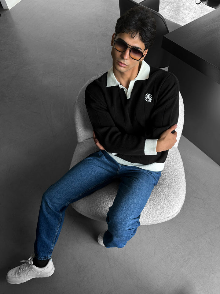 Oversized Embroidered Polo Sweater - Black