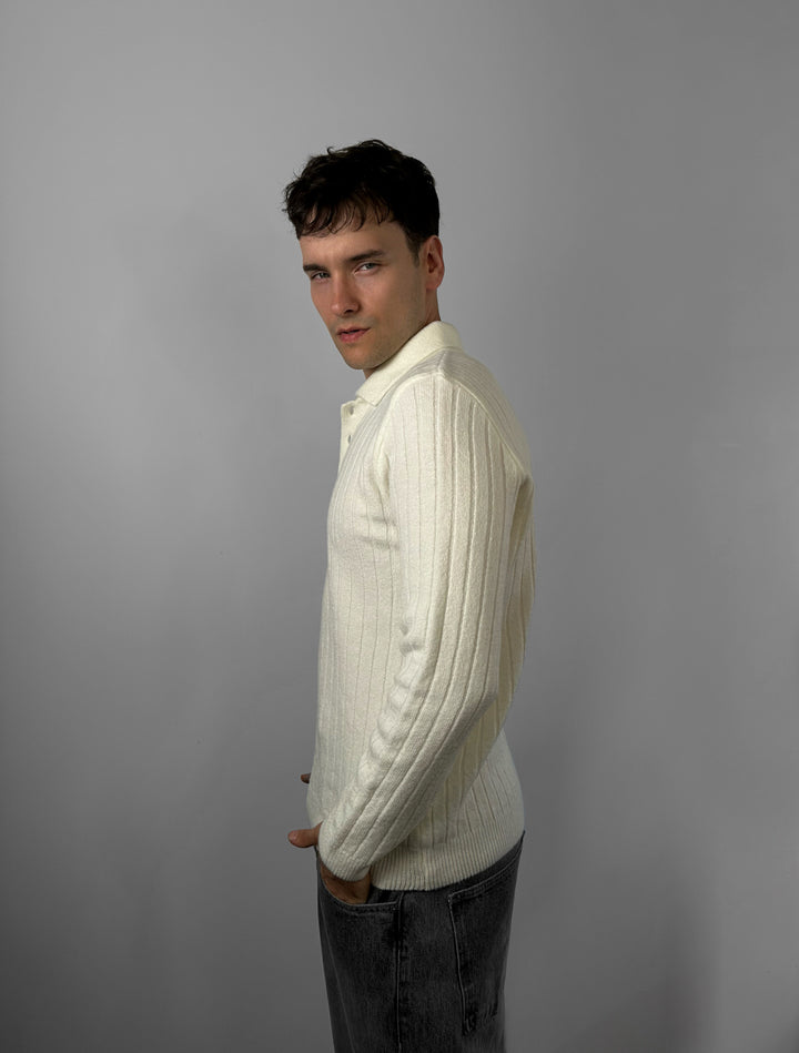 Loose Fit Polo Knit Pullover - Ecru