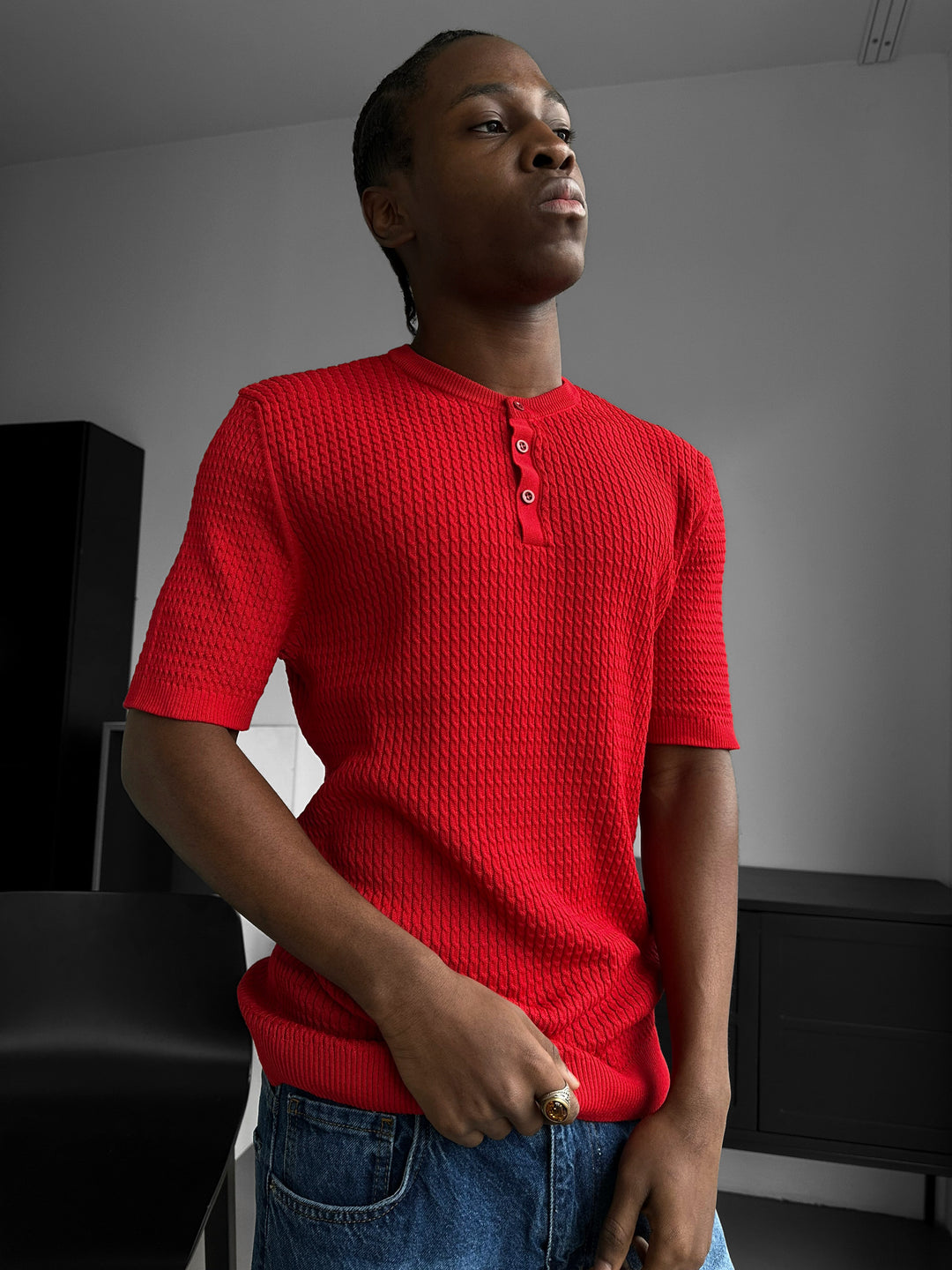 Regular Fit Waffle Button T-shirt - Red