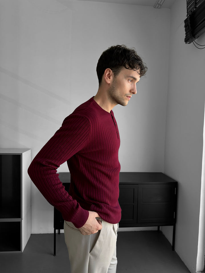 Slim Fit Button Knit Sweater - Bordeaux