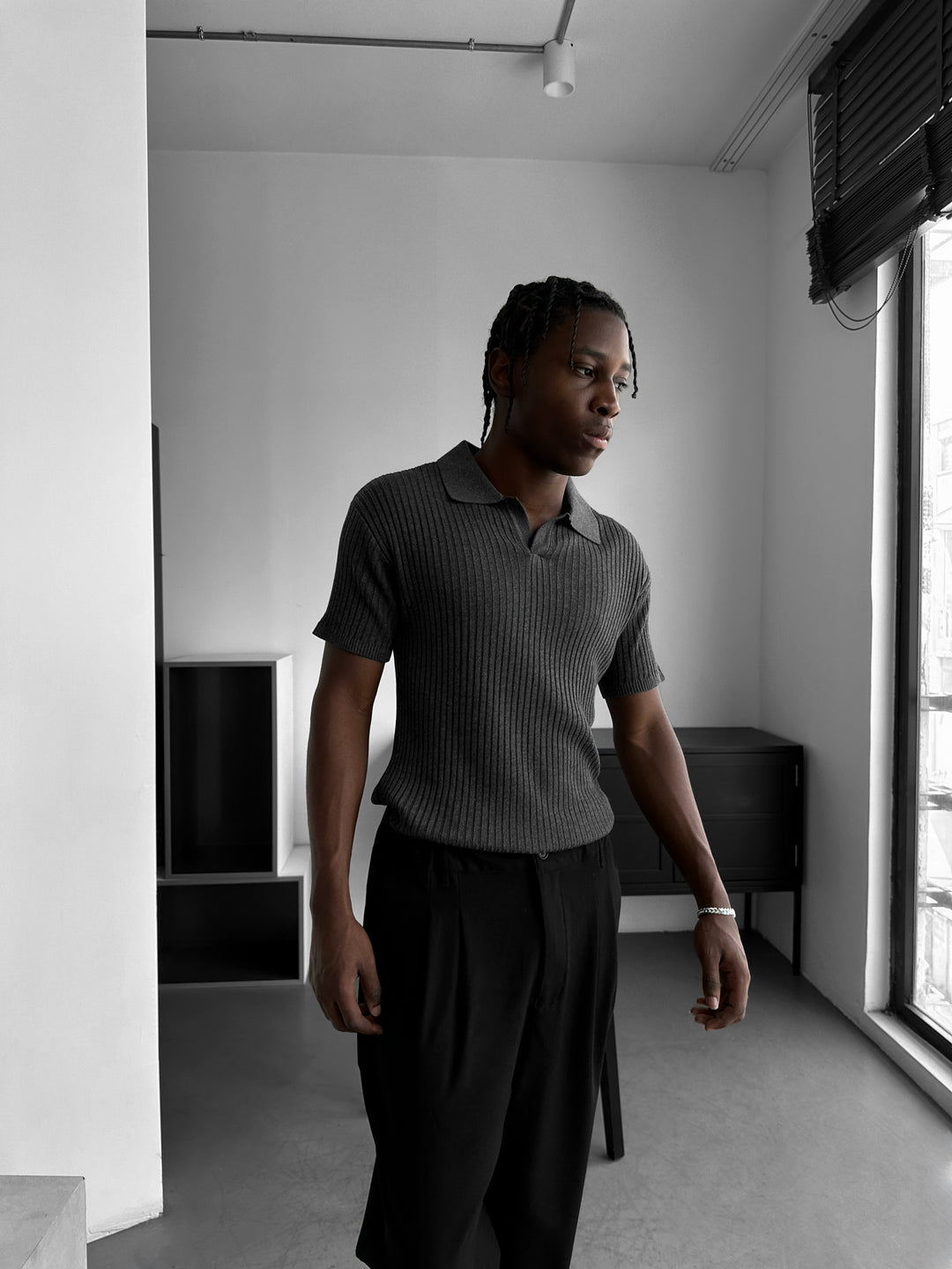 Slim Fit Knit Polo T-Shirt - Anthracite