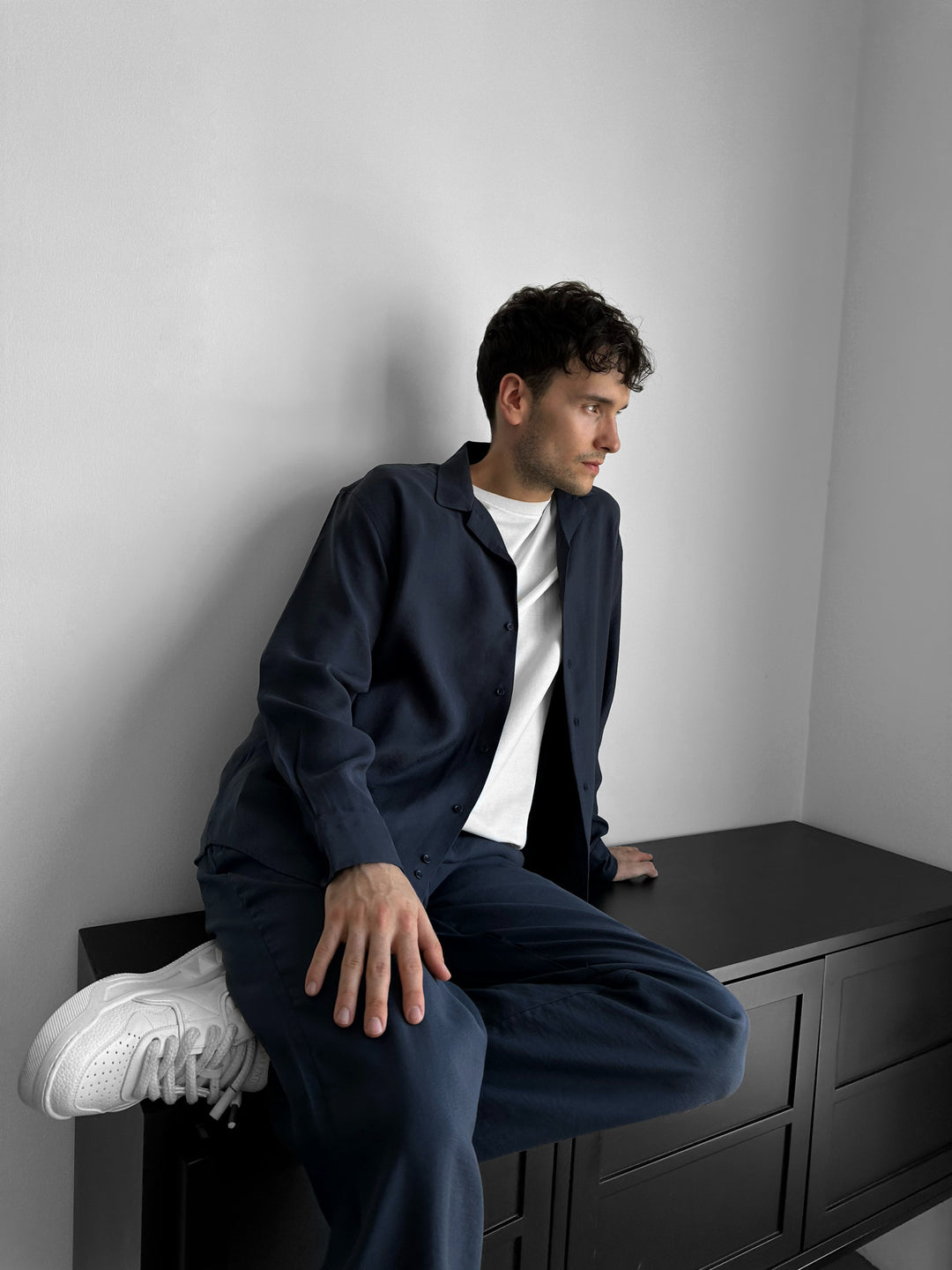 Loose Fit Cotton Trousers - Navy Blue