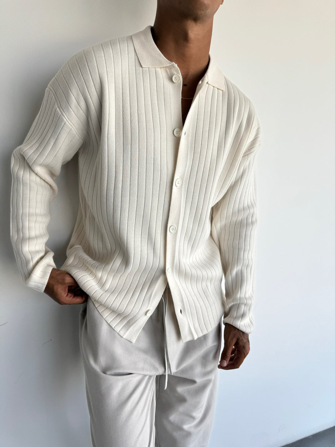 Oversize Wide Ribbed Long Arm Knit Shirt - Ecru