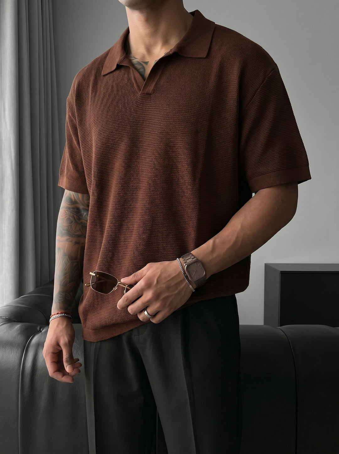 Oversize Collar Ribbed Knit T-Shirt - Dark Brown