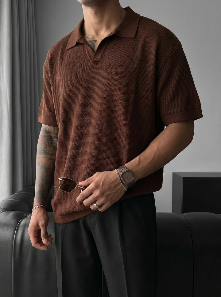 Oversize Collar Ribbed Knit T-Shirt - Dark Brown