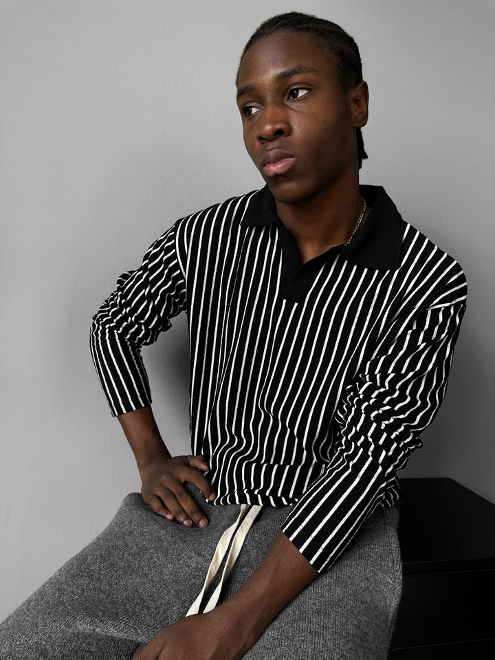 Striped Polo Sweatshirt - Black