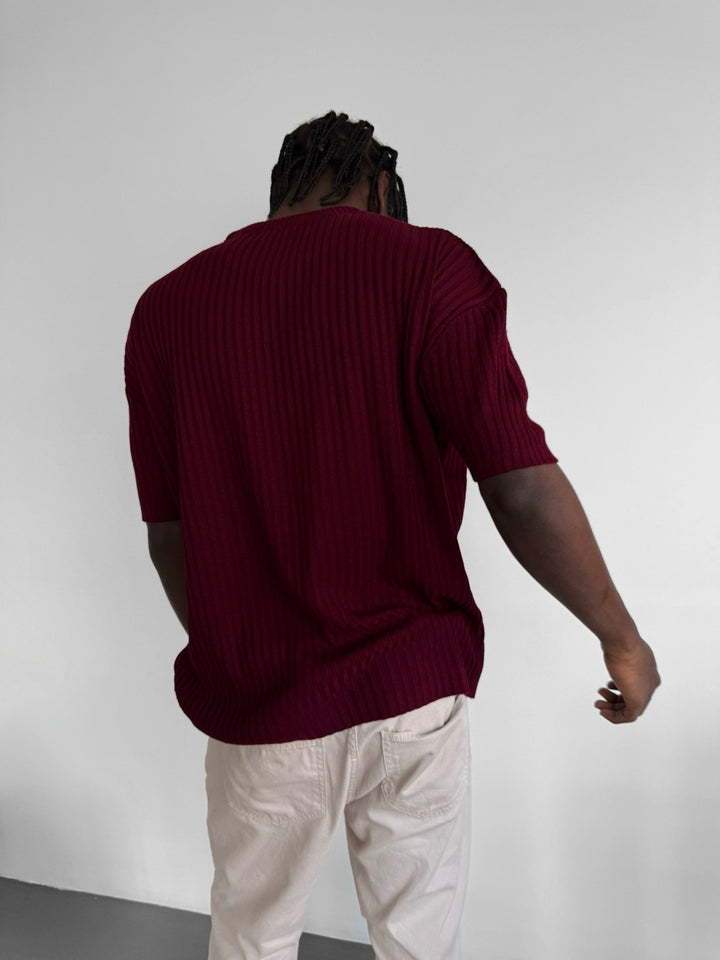 Loose Fit Ribbed Knit T-Shirt - Bordeaux