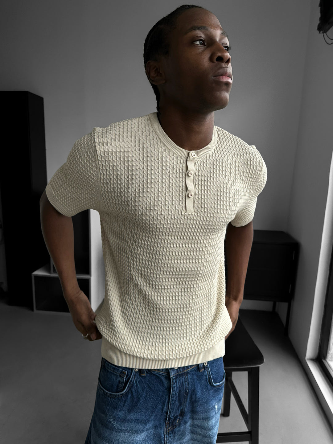 Regular Fit Waffle Button T-shirt - Beige