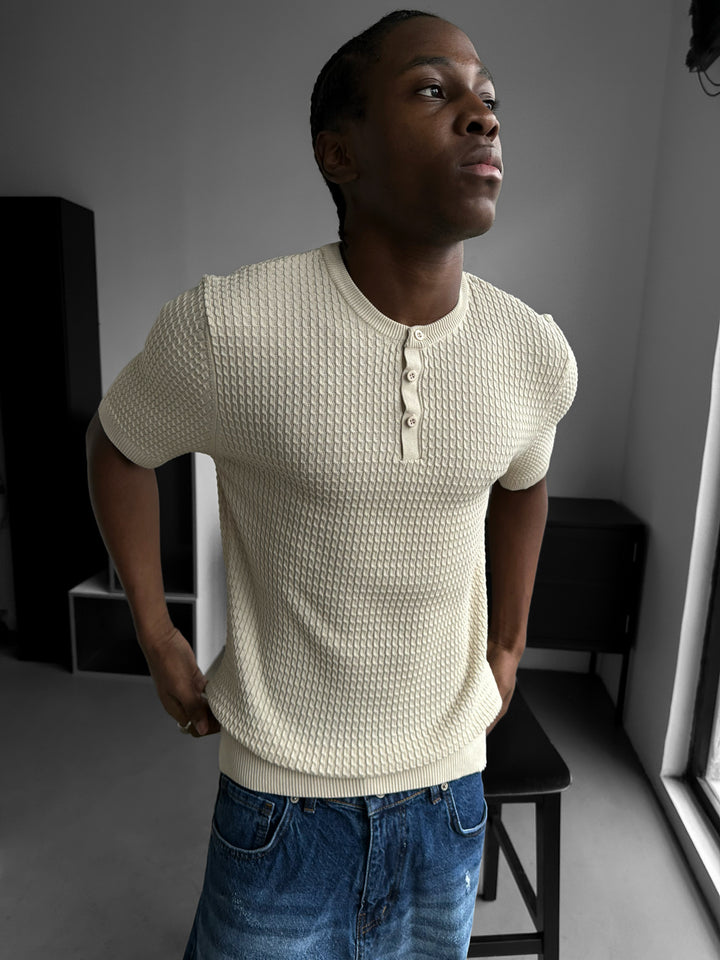 Regular Fit Waffle Button T-shirt - Beige