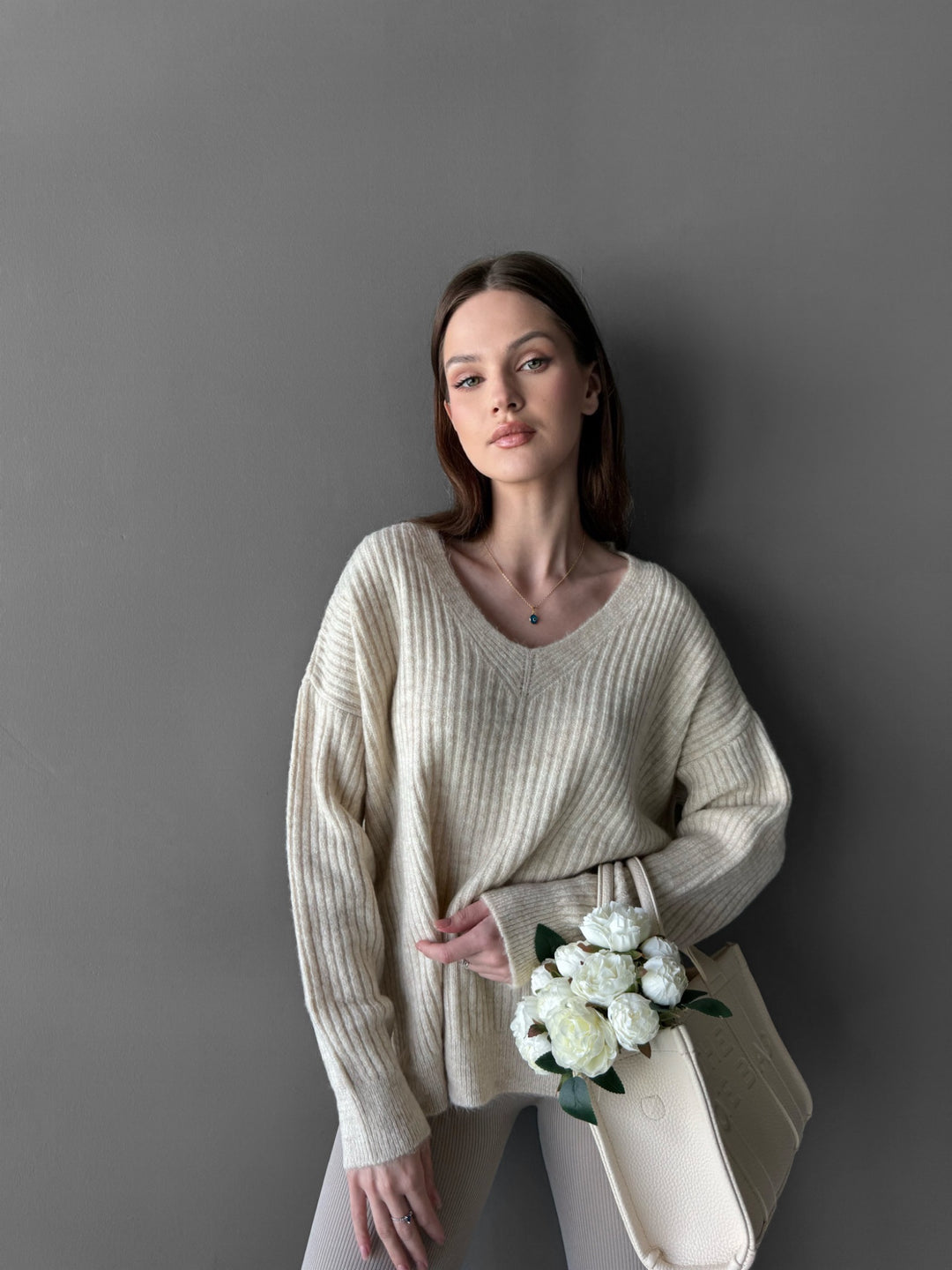 V Neck Knit Sweater - Beige