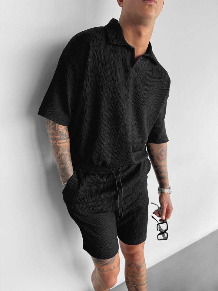 Oversize Crepe Polo T-Shirt - Black