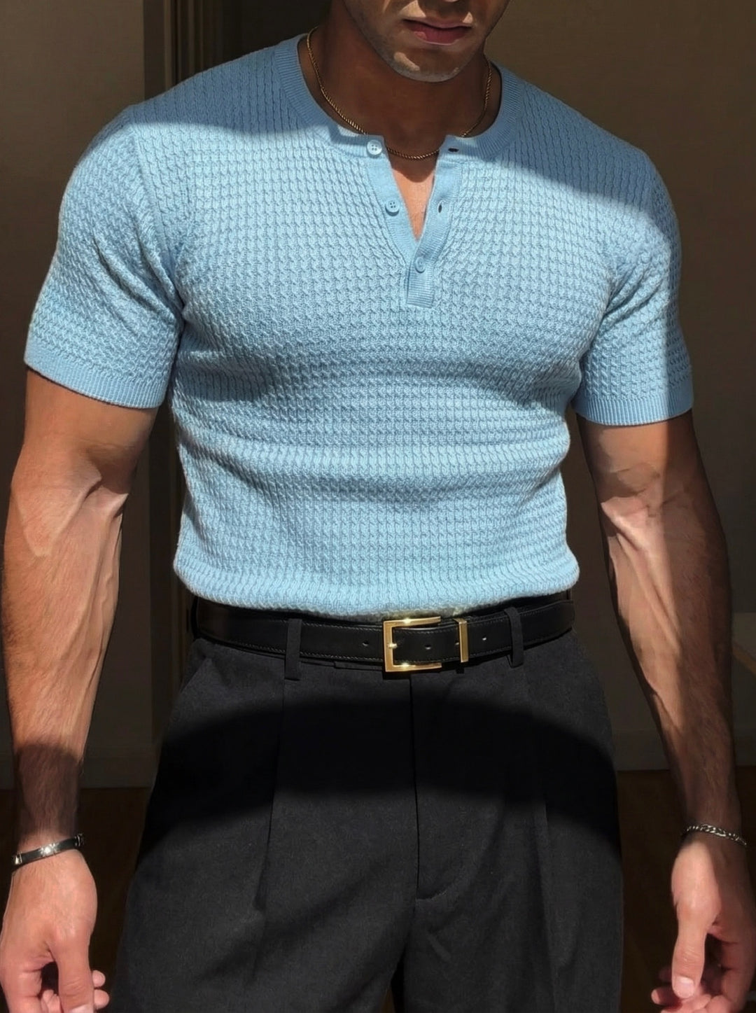 Regular Fit Waffle Button T-shirt - Babyblue