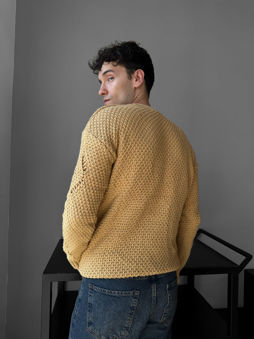 Regular Fit Textured Torn Sweater - Saffron