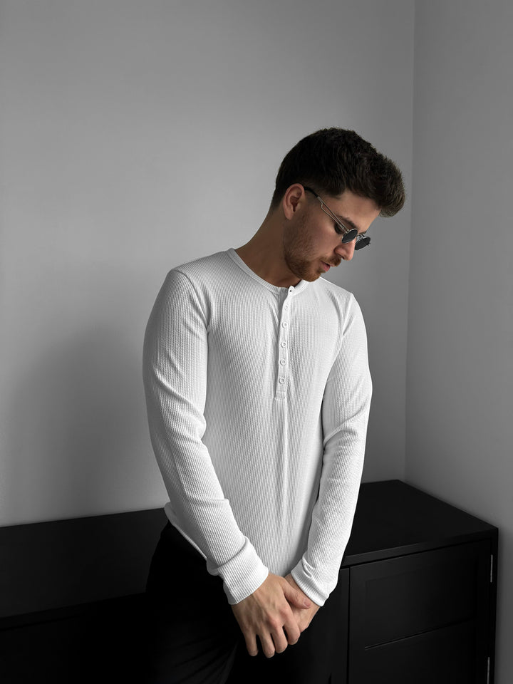 Slim Fit Long Arm Button T-shirt - Ecru