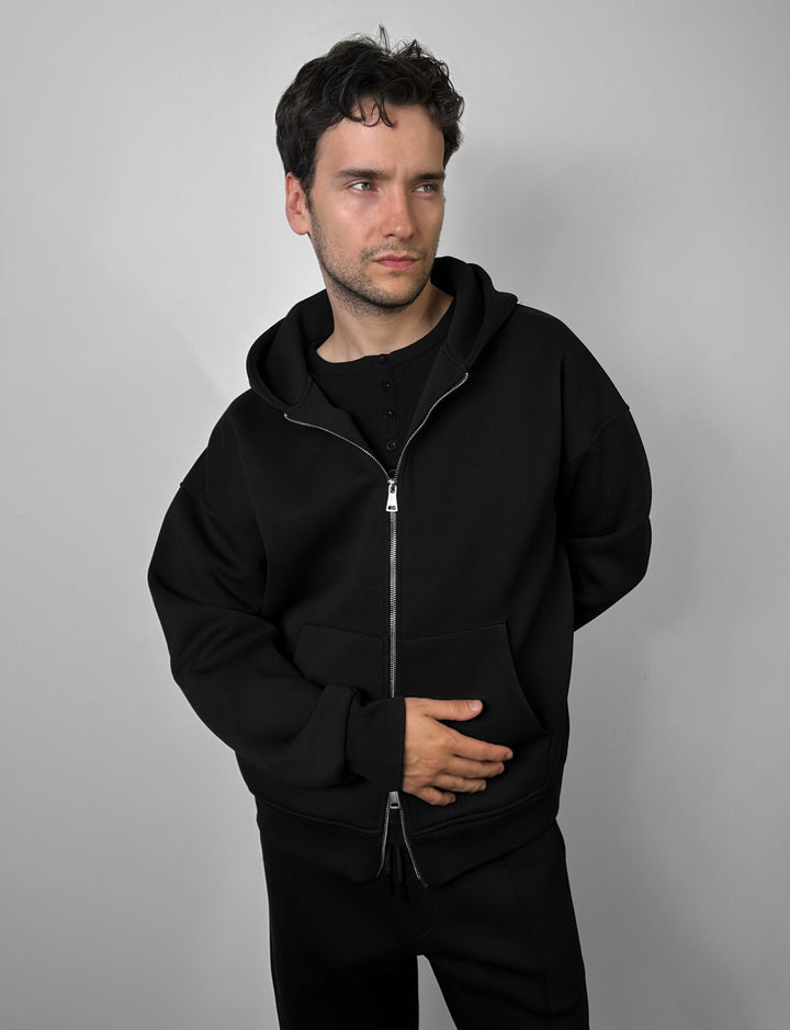 Loose Fit Double-Zip Hoodie - Black