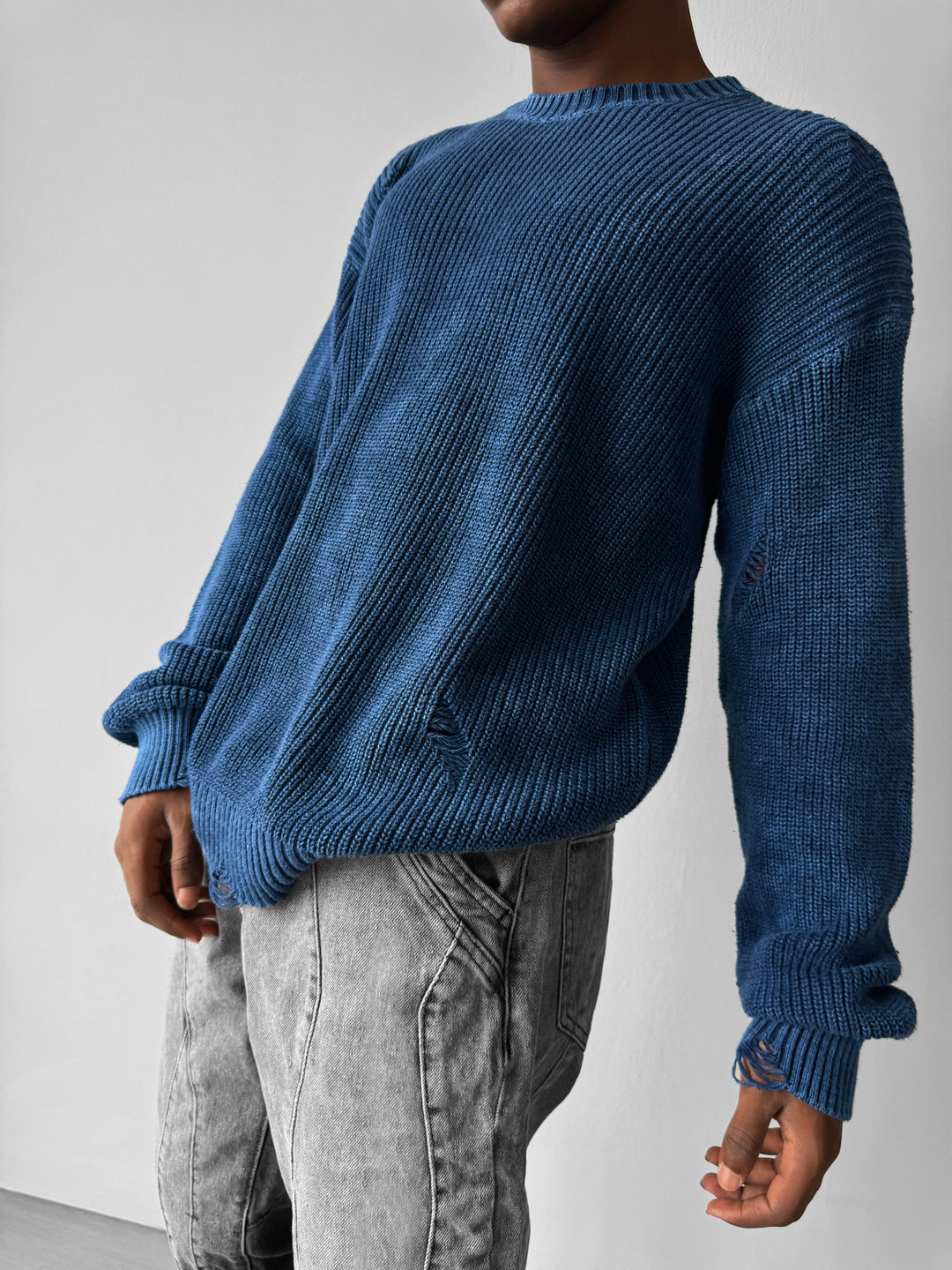 Loose Fit Knit Torn Sweater - Indigo