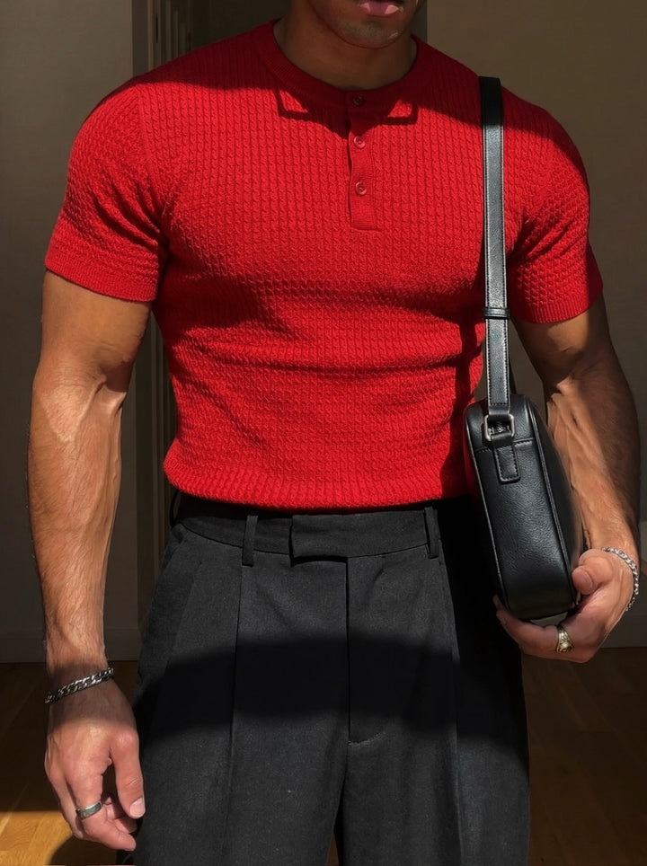 Regular Fit Waffle Button T-shirt - Red