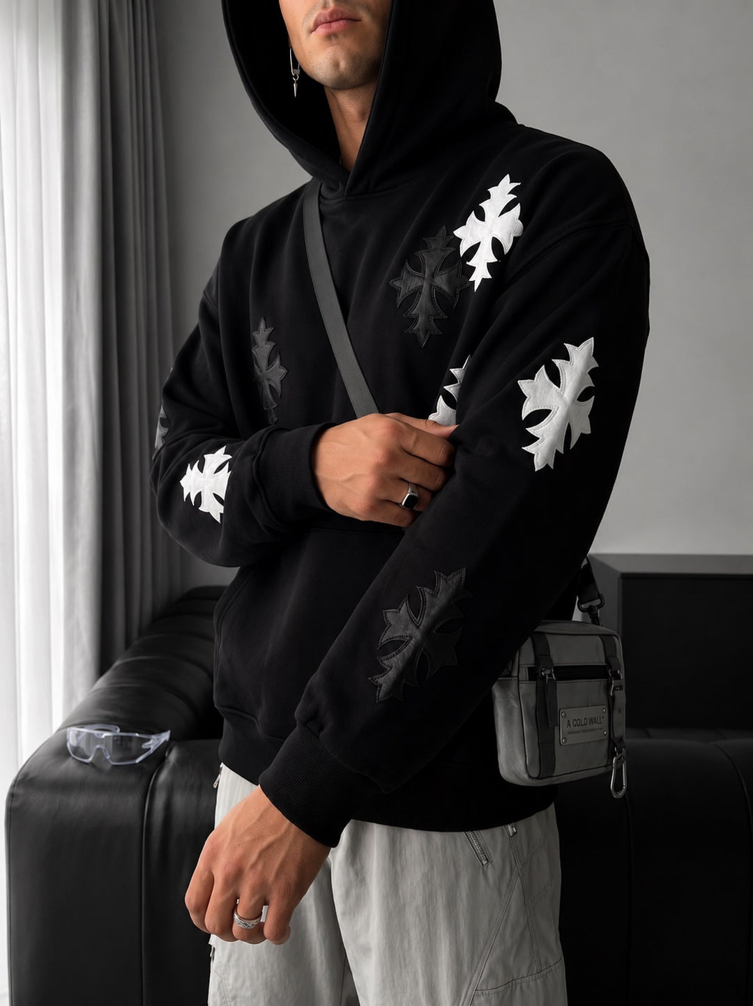 Oversize Gothic Cross Hoodie - Black