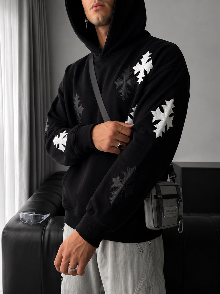 Oversize Gothic Cross Hoodie - Black