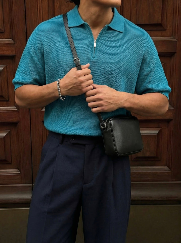 Oversize Zipper Knit Polo T-shirt - Blue