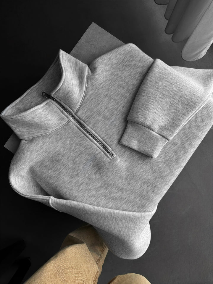 Oversize Half-Zip Polo Sweatshirt - Light Grey Melange