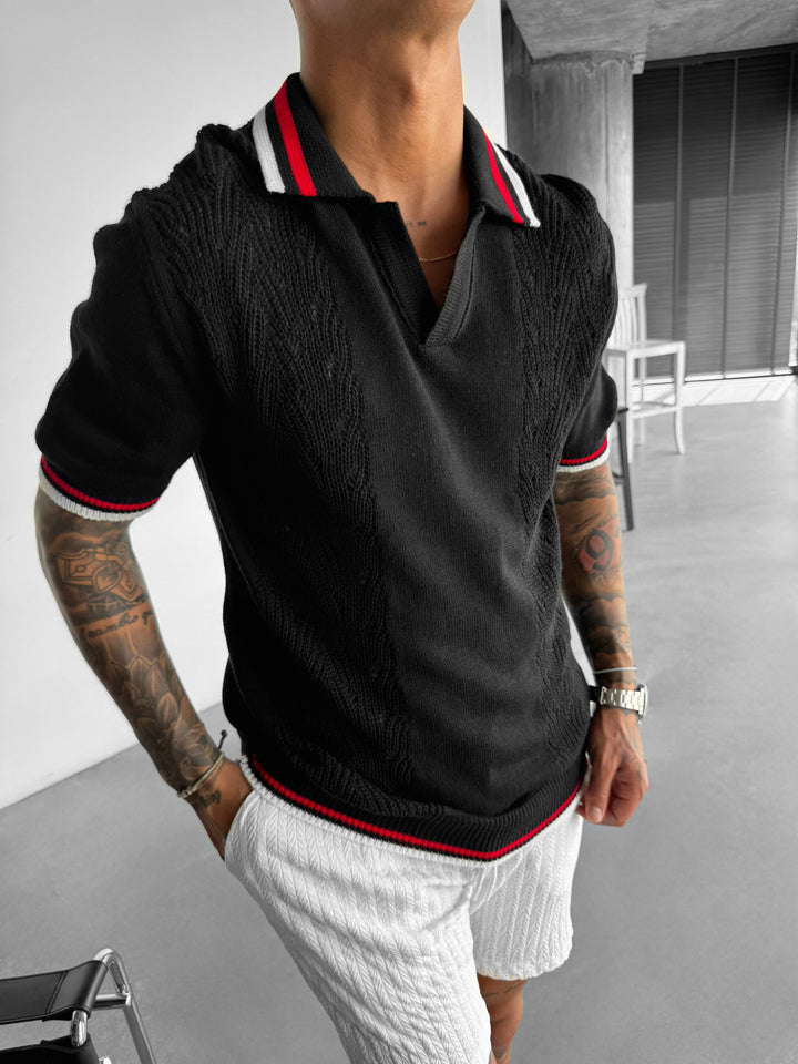 Slim Fit Detail Knit Polo T-Shirt - Black