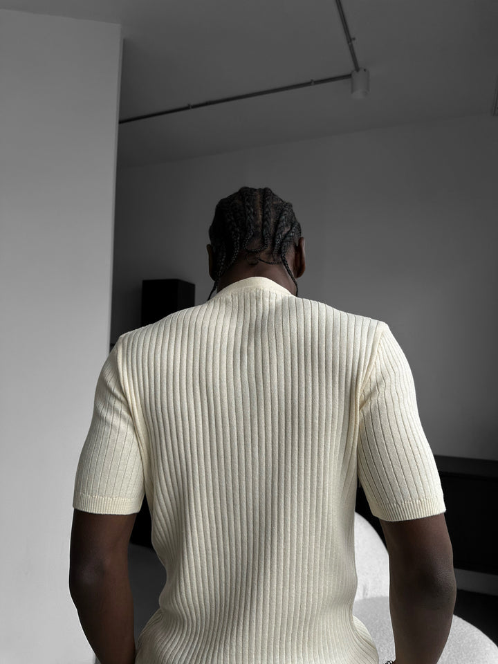 Slim Fit Button Knit T-shirt - Cream