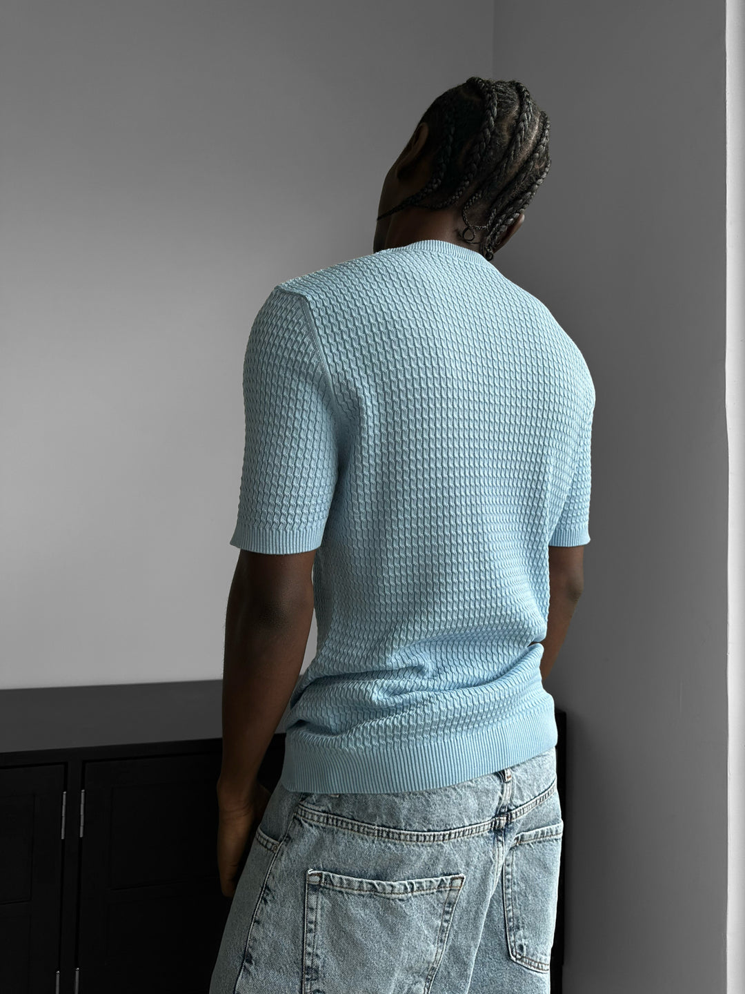Regular Fit Waffle Button T-shirt - Babyblue