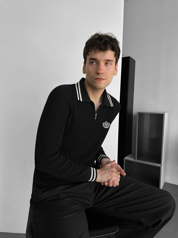Slim Fit Half-Zip Embroidered Polo Sweater - Black