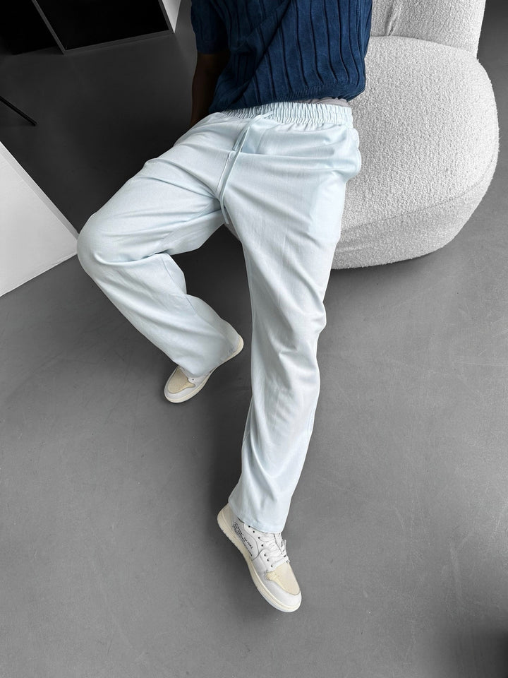 Straight Cut Mixed Fabric Trousers - Babyblue