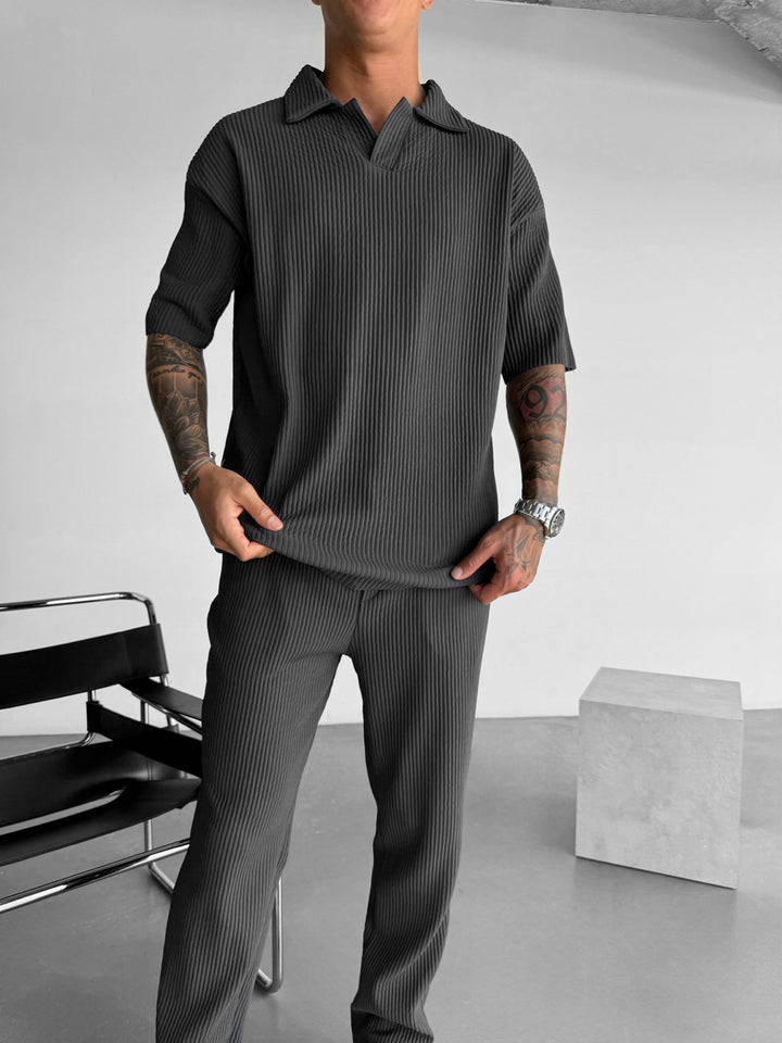 Oversize Ribbed Polo T-Shirt - Anthracite