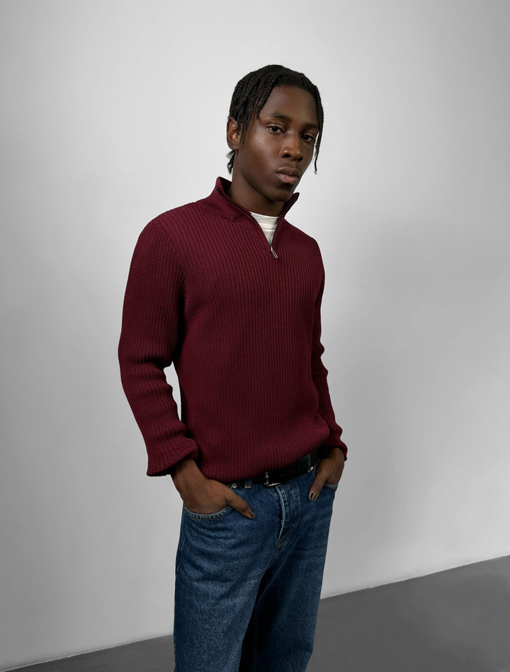 Slim Fit Half Zip Textured Sweater - Plum