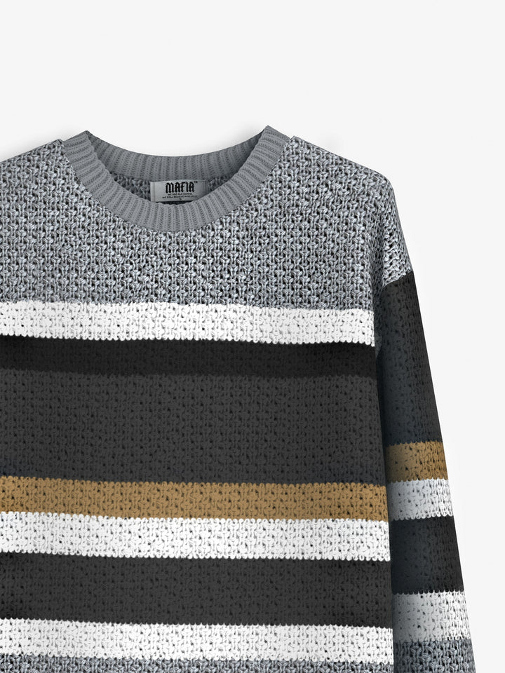 Oversize Striped Knit Sweater - Black