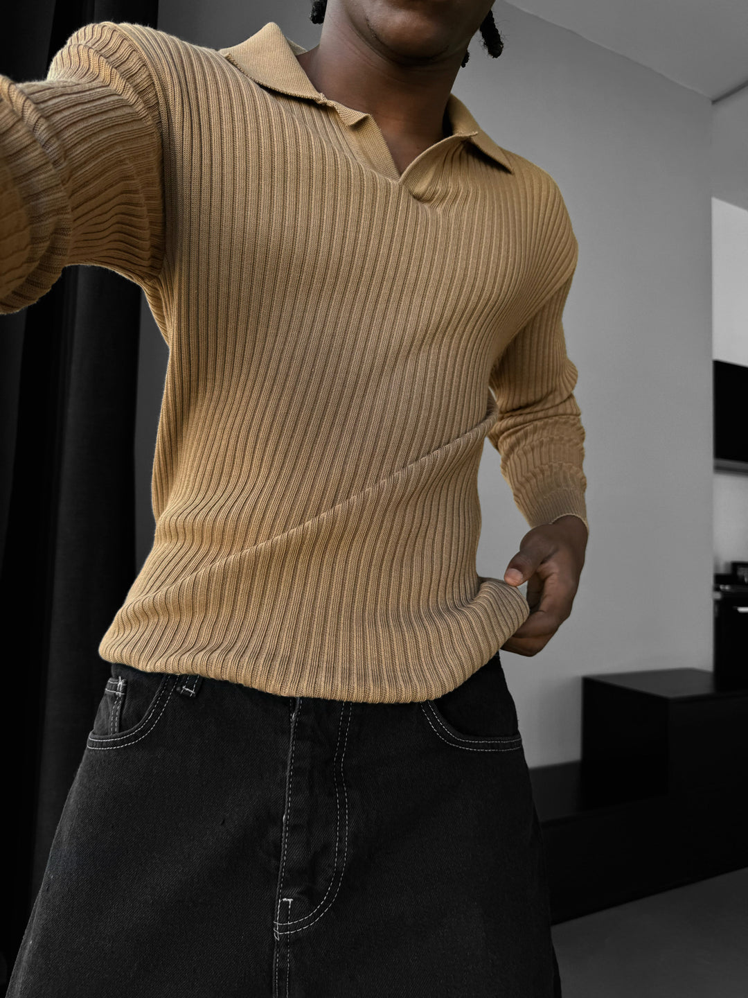 Slim Fit Knit Polo Sweater - Brown