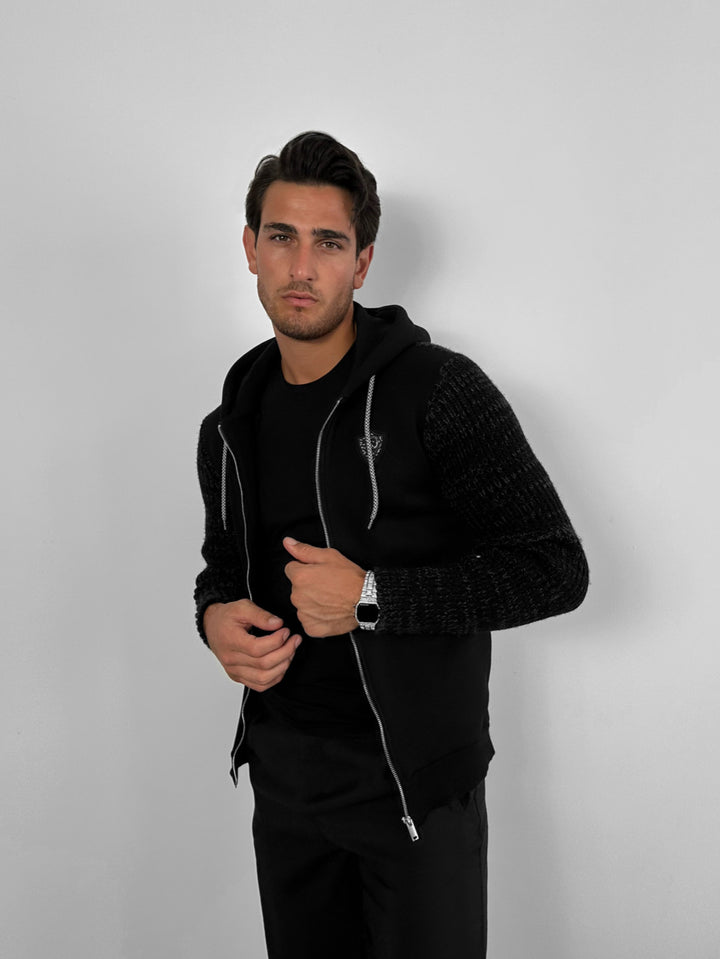 Regular Fit Knit Detail Zip Hoodie - Black