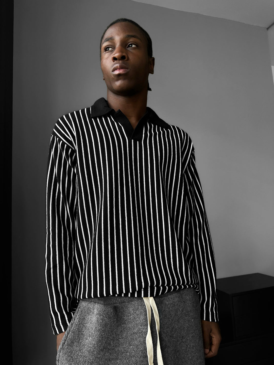 Striped Polo Sweatshirt - Black