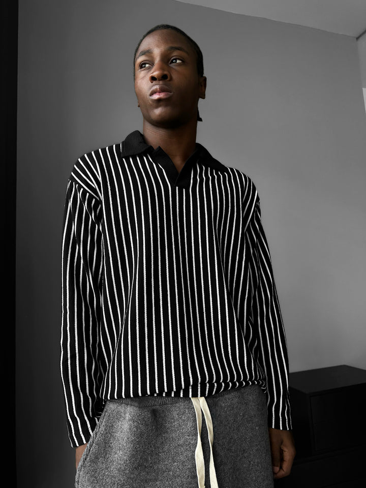 Striped Polo Sweatshirt - Black