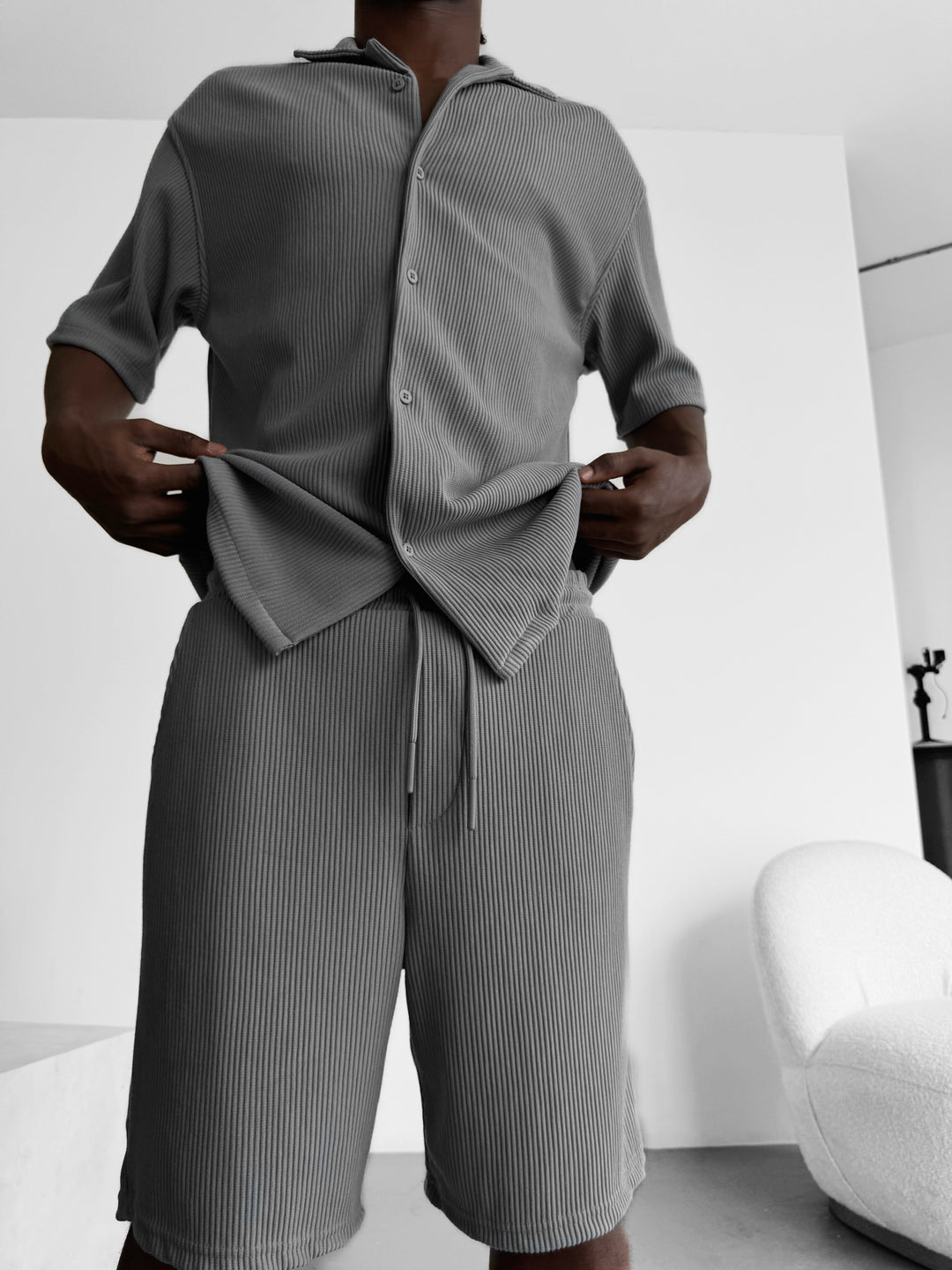 Loose Fit Cord Shorts - Grey