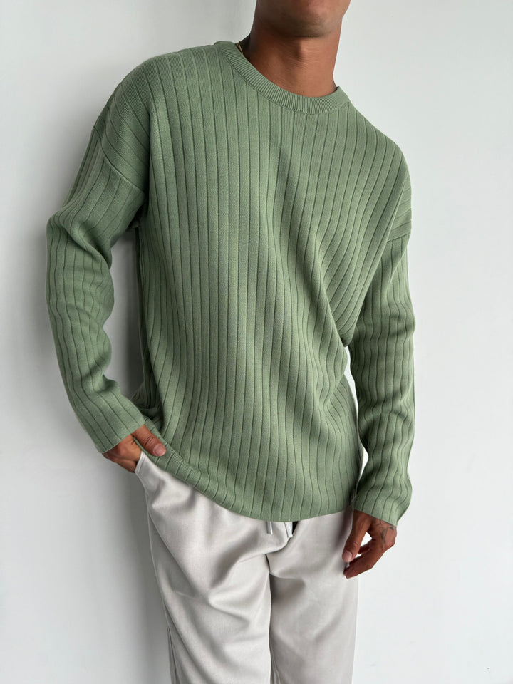 Oversize Wide Ribbed Long Arm Knit Sweatshirt - Grass