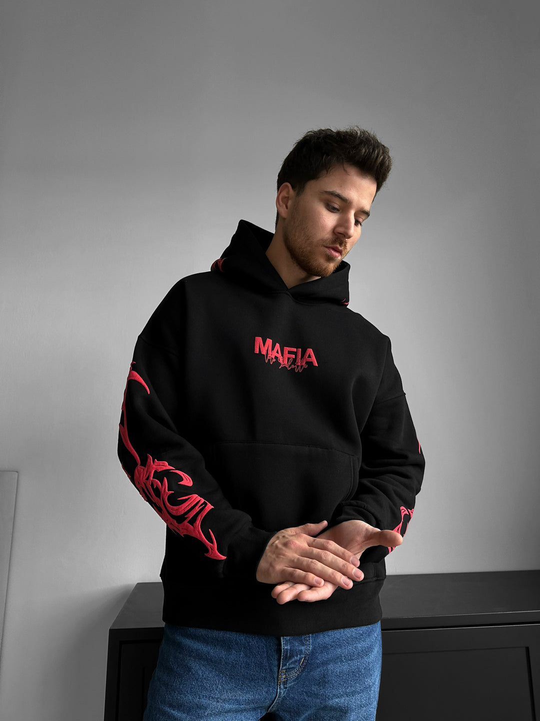 Oversize Mafia Tribal Hoodie - Black and Red