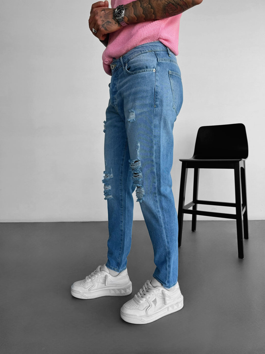Ripped Boyfriend Washed Jeans - Light Blue