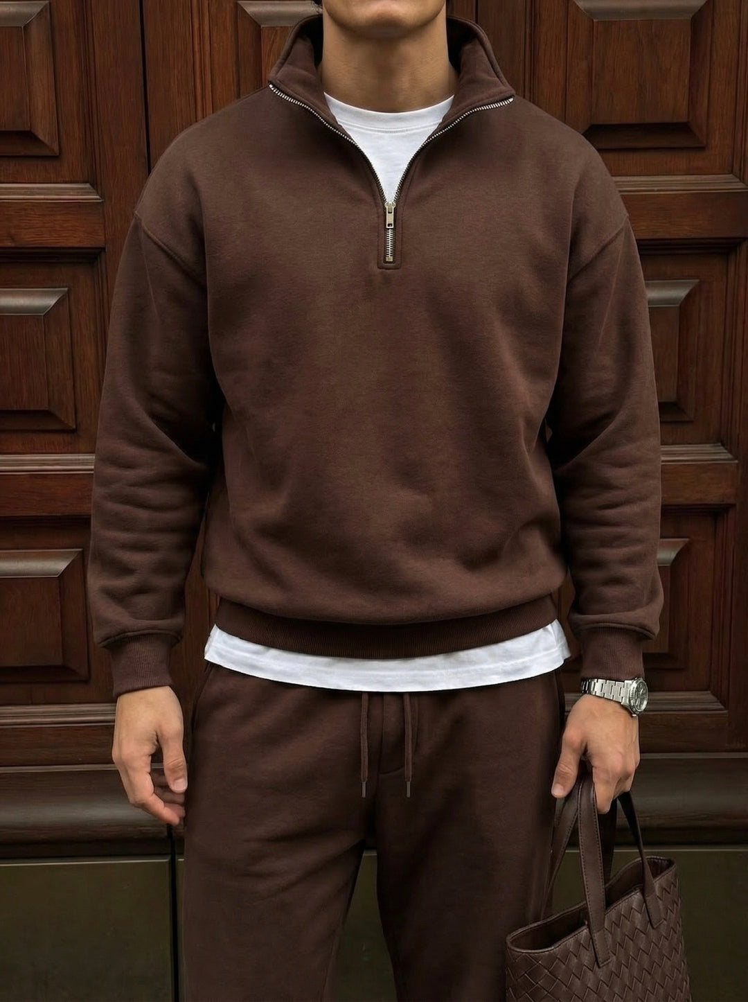 Oversize Half-Zip Polo Sweatshirt - Chocolate Brown