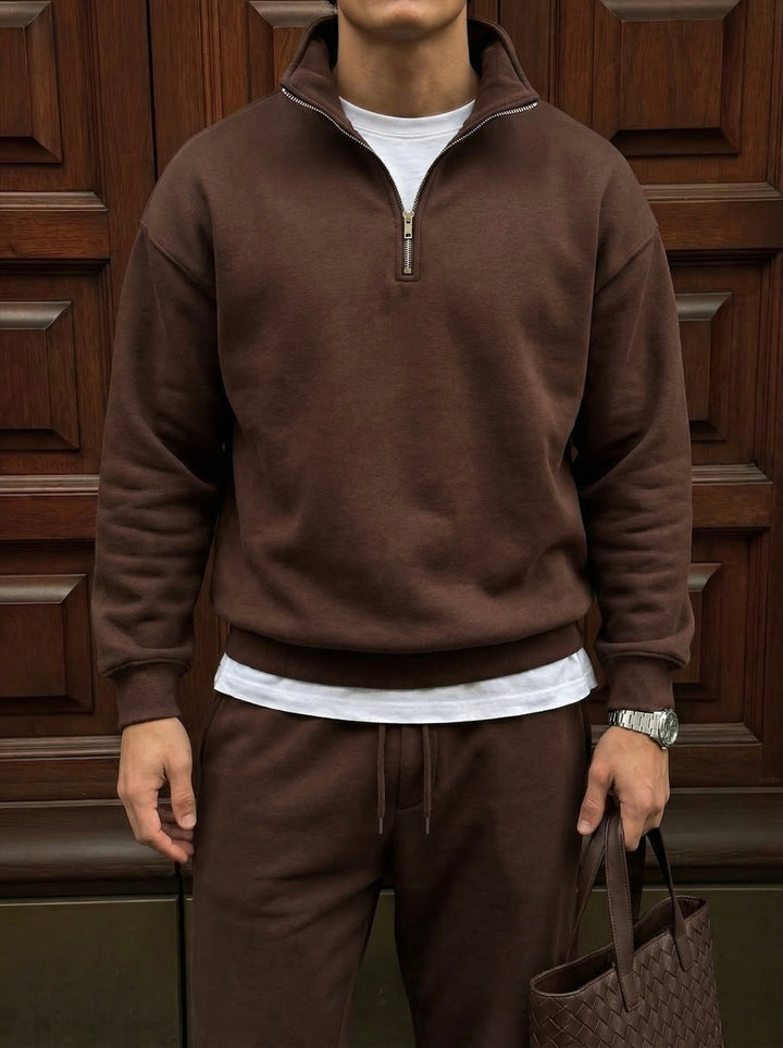 Oversize Half-Zip Polo Sweatshirt - Chocolate Brown