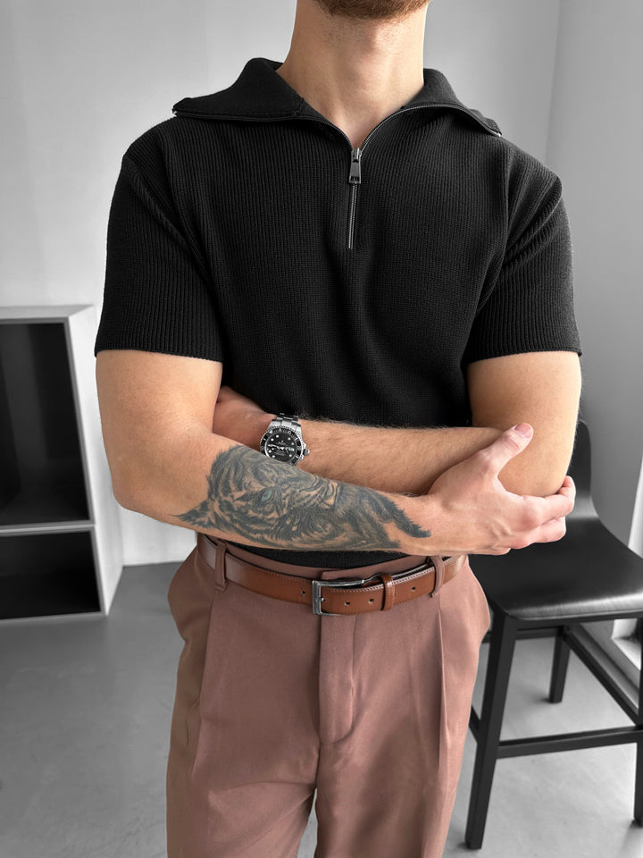 Oversize Zip Neck Knit T-shirt - Black