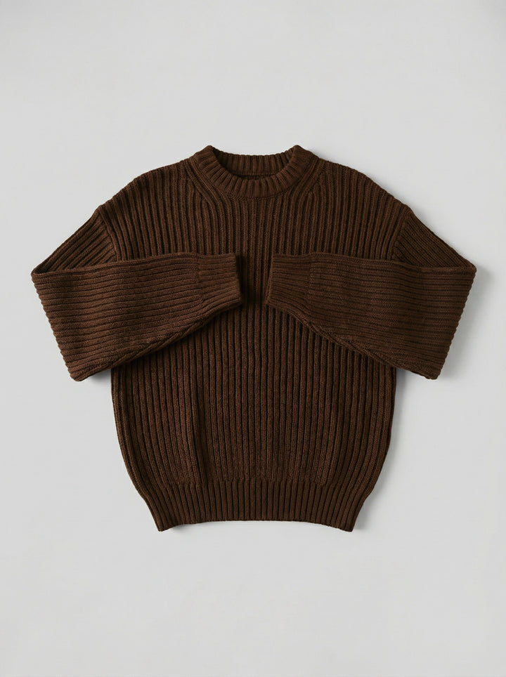 Loose Fit Striped Structure Pullover - Dark Brown