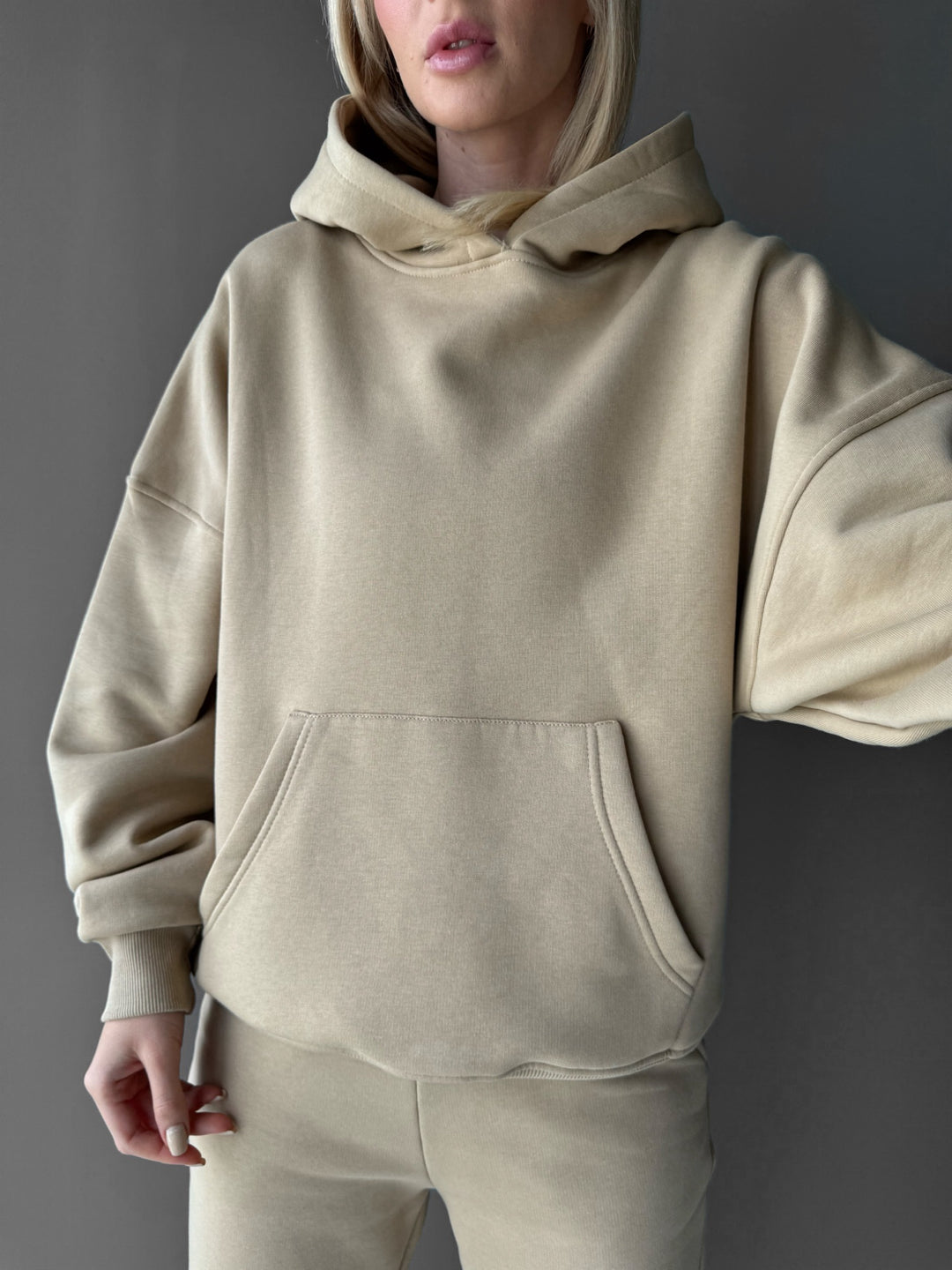 Oversize Basic Women Hoodie - Beige